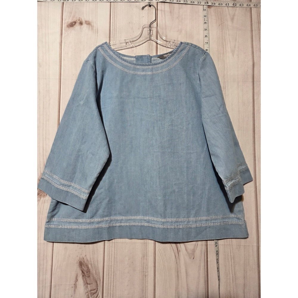Martha Stewart Blue Chambray Embroidered 3/4 Sleeve Tunic Top Women L